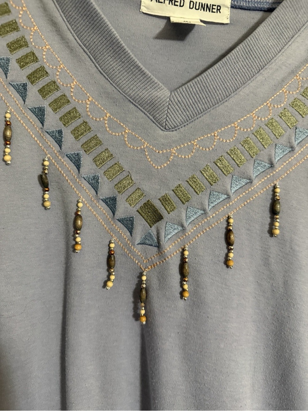 Alfred Dunner Women’s M Blue Cotton Blend Knit Geometric Beaded V-Neck Top - Picture 2 of 4